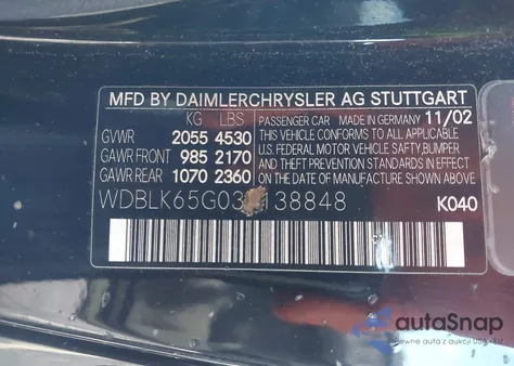 2003 Mercedes-Benz Clk 320 z USA, uszkodzony, nr VIN WDBLK65G03T138848